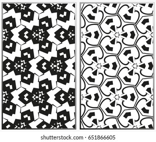 Vector monochrome seamless patterns set, abstract geometric texture. Ornament for interior design. Repeating abstract background with chaotic strokes.