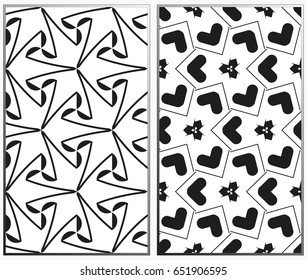 Vector monochrome seamless patterns set, abstract geometric texture. Ornament for interior design. Repeating abstract background with chaotic strokes.