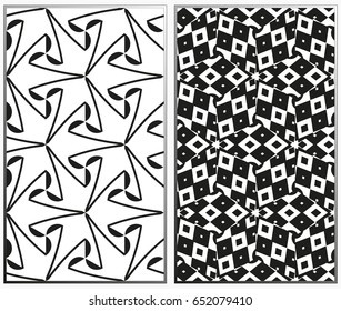 Vector monochrome seamless patterns set, abstract geometric texture. Ornament for interior design. Repeating abstract background with chaotic strokes.