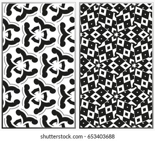 Vector monochrome seamless patterns set, abstract geometric texture. Ornament for interior design. Repeating abstract background with chaotic strokes.