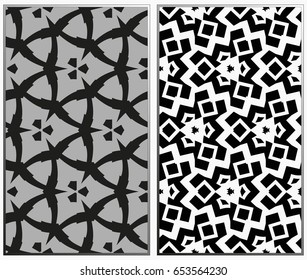Vector monochrome seamless patterns set, abstract geometric texture. Ornament for interior design. Repeating abstract background with chaotic strokes.