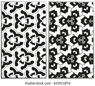 Vector monochrome seamless patterns set, abstract geometric texture. Ornament for interior design. Repeating abstract background with chaotic strokes.