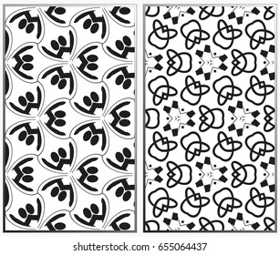 Vector monochrome seamless patterns set, abstract geometric texture. Ornament for interior design. Repeating abstract background with chaotic strokes.