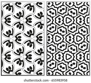Vector monochrome seamless patterns set, abstract geometric texture. Ornament for interior design. Repeating abstract background with chaotic strokes.