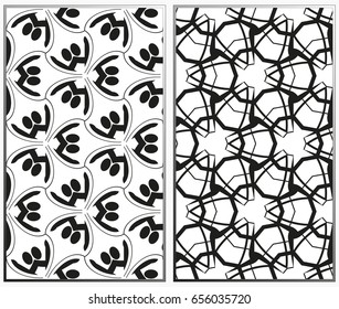 Vector monochrome seamless patterns set, abstract geometric texture. Ornament for interior design. Repeating abstract background with chaotic strokes.