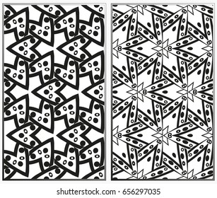 Vector monochrome seamless patterns set, abstract geometric texture. Ornament for interior design. Repeating abstract background with chaotic strokes.