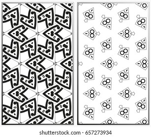 Vector monochrome seamless patterns set, abstract geometric texture. Ornament for interior design. Repeating abstract background with chaotic strokes.