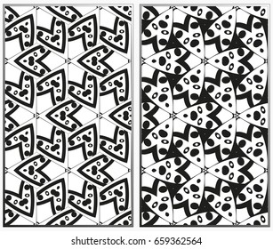 Vector monochrome seamless patterns set, abstract geometric texture. Ornament for interior design. Repeating abstract background with chaotic strokes.