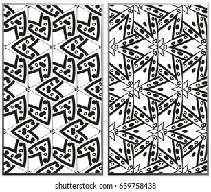 Vector monochrome seamless patterns set, abstract geometric texture. Ornament for interior design. Repeating abstract background with chaotic strokes.