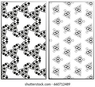 Vector monochrome seamless patterns set, abstract geometric texture. Ornament for interior design. Repeating abstract background with chaotic strokes.