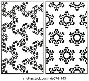 Vector monochrome seamless patterns set, abstract geometric texture. Ornament for interior design. Repeating abstract background with chaotic strokes.