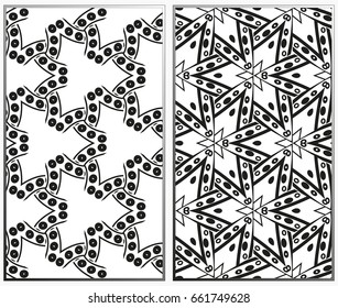 Vector monochrome seamless patterns set, abstract geometric texture. Ornament for interior design. Repeating abstract background with chaotic strokes.