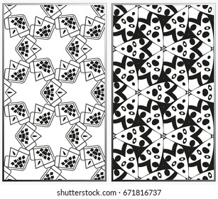 Vector monochrome seamless patterns set, abstract geometric texture. Ornament for interior design. Repeating abstract background with chaotic strokes.