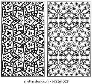 Vector monochrome seamless patterns set, abstract geometric texture. Ornament for interior design. Repeating abstract background with chaotic strokes.