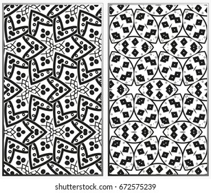 Vector monochrome seamless patterns set, abstract geometric texture. Ornament for interior design. Repeating abstract background with chaotic strokes.