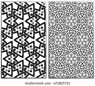 Vector monochrome seamless patterns set, abstract geometric texture. Ornament for interior design. Repeating abstract background with chaotic strokes.