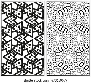 Vector monochrome seamless patterns set, abstract geometric texture. Ornament for interior design. Repeating abstract background with chaotic strokes.