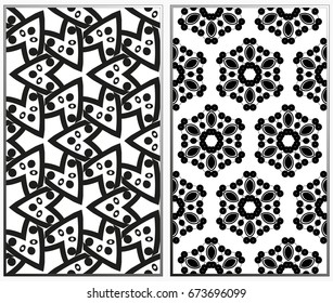 Vector monochrome seamless patterns set, abstract geometric texture. Ornament for interior design. Repeating abstract background with chaotic strokes.