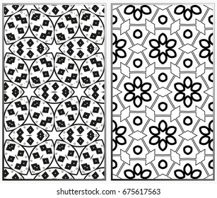 Vector monochrome seamless patterns set, abstract geometric texture. Ornament for interior design. Repeating abstract background with chaotic strokes.