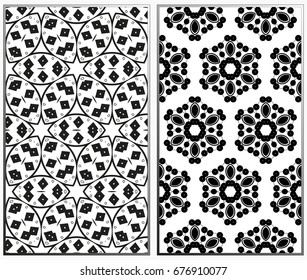 Vector monochrome seamless patterns set, abstract geometric texture. Ornament for interior design. Repeating abstract background with chaotic strokes.