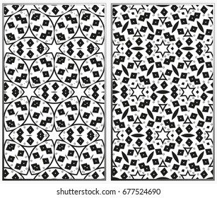 Vector monochrome seamless patterns set, abstract geometric texture. Ornament for interior design. Repeating abstract background with chaotic strokes.