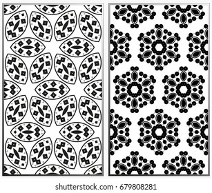 Vector monochrome seamless patterns set, abstract geometric texture. Ornament for interior design. Repeating abstract background with chaotic strokes.