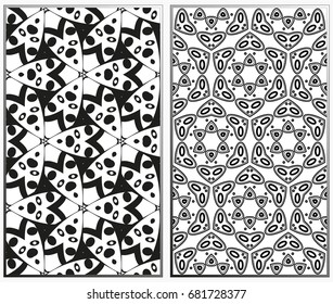 Vector monochrome seamless patterns set, abstract geometric texture. Ornament for interior design. Repeating abstract background with chaotic strokes.