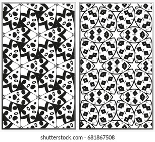 Vector monochrome seamless patterns set, abstract geometric texture. Ornament for interior design. Repeating abstract background with chaotic strokes.