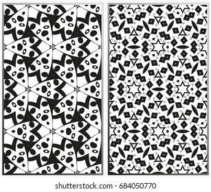 Vector monochrome seamless patterns set, abstract geometric texture. Ornament for interior design. Repeating abstract background with chaotic strokes.