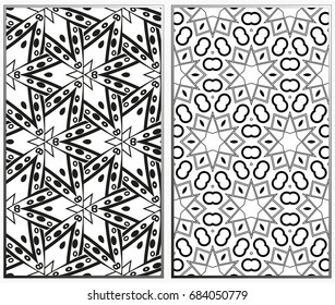 Vector monochrome seamless patterns set, abstract geometric texture. Ornament for interior design. Repeating abstract background with chaotic strokes.