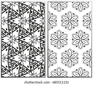 Vector monochrome seamless patterns set, abstract geometric texture. Ornament for interior design. Repeating abstract background with chaotic strokes.