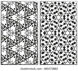 Vector monochrome seamless patterns set, abstract geometric texture. Ornament for interior design. Repeating abstract background with chaotic strokes.