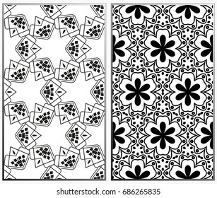 Vector monochrome seamless patterns set, abstract geometric texture. Ornament for interior design. Repeating abstract background with chaotic strokes.