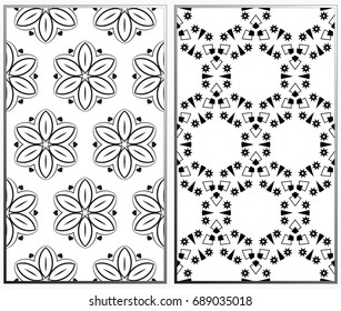 Vector monochrome seamless patterns set, abstract geometric texture. Ornament for interior design. Repeating abstract background with chaotic strokes.