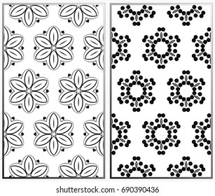 Vector monochrome seamless patterns set, abstract geometric texture. Ornament for interior design. Repeating abstract background with chaotic strokes.