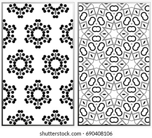 Vector monochrome seamless patterns set, abstract geometric texture. Ornament for interior design. Repeating abstract background with chaotic strokes.