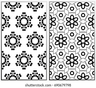 Vector monochrome seamless patterns set, abstract geometric texture. Ornament for interior design. Repeating abstract background with chaotic strokes.