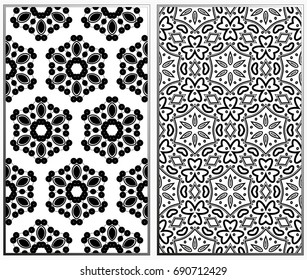 Vector monochrome seamless patterns set, abstract geometric texture. Ornament for interior design. Repeating abstract background with chaotic strokes.