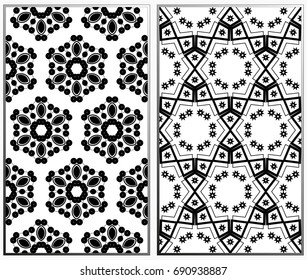 Vector monochrome seamless patterns set, abstract geometric texture. Ornament for interior design. Repeating abstract background with chaotic strokes.