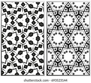 Vector monochrome seamless patterns set, abstract geometric texture. Ornament for interior design. Repeating abstract background with chaotic strokes.