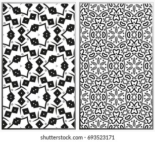 Vector monochrome seamless patterns set, abstract geometric texture. Ornament for interior design. Repeating abstract background with chaotic strokes.