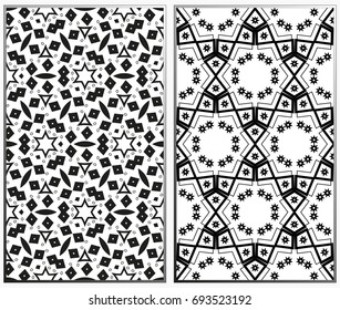 Vector monochrome seamless patterns set, abstract geometric texture. Ornament for interior design. Repeating abstract background with chaotic strokes.