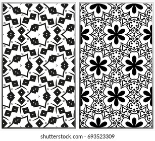 Vector monochrome seamless patterns set, abstract geometric texture. Ornament for interior design. Repeating abstract background with chaotic strokes.