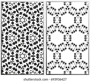 Vector monochrome seamless patterns set, abstract geometric texture. Ornament for interior design. Repeating abstract background with chaotic strokes.