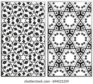 Vector monochrome seamless patterns set, abstract geometric texture. Ornament for interior design. Repeating abstract background with chaotic strokes.