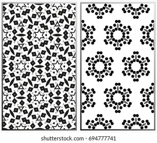 Vector monochrome seamless patterns set, abstract geometric texture. Ornament for interior design. Repeating abstract background with chaotic strokes.