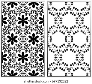 Vector monochrome seamless patterns set, abstract geometric texture. Ornament for interior design. Repeating abstract background with chaotic strokes.