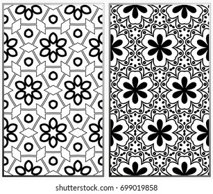 Vector monochrome seamless patterns set, abstract geometric texture. Ornament for interior design. Repeating abstract background with chaotic strokes.
