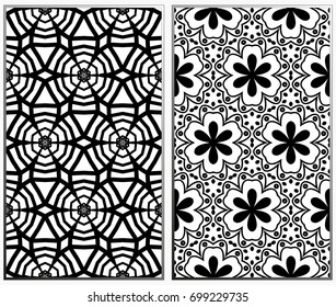 Vector monochrome seamless patterns set, abstract geometric texture. Ornament for interior design. Repeating abstract background with chaotic strokes.