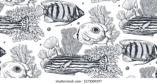 Vector monochrome seamless sea pattern with tropical fishes, algae, corals. Underwater world. Black and white hand drawn graphic endless background